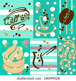 sets of coffee and accessories label coffee on a bright background