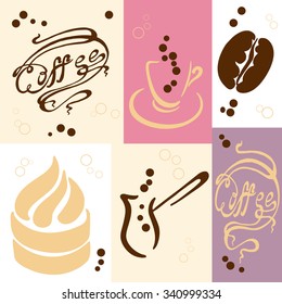 sets of coffee and accessories label coffee on a bright background