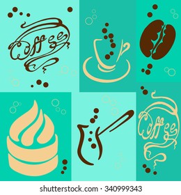 sets of coffee and accessories label coffee on a bright background