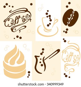 sets of coffee and accessories label coffee on a bright background