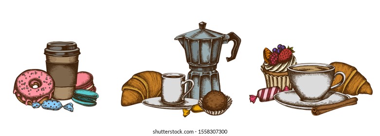 Sets of colored cinnamon, macaron, candies, croissants and bread, coffee cups, paper cup, cupcake, espresso cup, coffee pot, donut, truffle