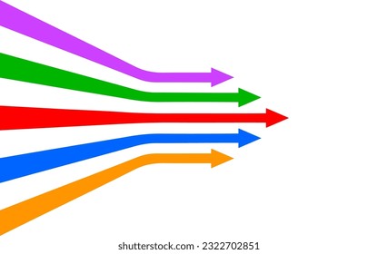 Conjuntos de flechas coloridas hacia adelante, concepto de liderazgo y seguimiento de negocios, concepto de negocios de éxito de liderazgo, muchas flechas en el camino recto de formación intermedia, plan, coraje, nuevo pensamiento
