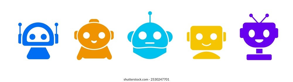 Conjuntos de icono de cara sonriente de robot colorido. Lindos bots de ayuda futuristas en estilo moderno.