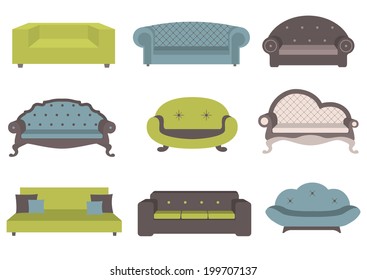 Sets of colorful sofa, vector illustration, furniture for an interior, living room.