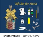 Sets of consuming items in a basket for Offering dedicated to monks in Buddhist merit of Thai . hand draw sketch vector.
