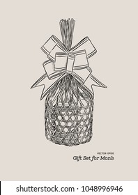 Sets of consuming items in a basket for Offering dedicated to monks in Buddhist merit of Thai . hand draw sketch vector.