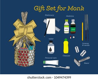 Sets of consuming items in a basket for Offering dedicated to monks in Buddhist merit of Thai . hand draw sketch vector.