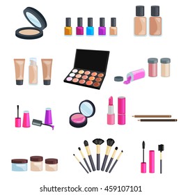 Sets of cosmetics on isolated background. Nail polish, mascara, lipstick, eye shadows,brush, powder