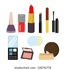 Sets of cosmetics on isolated background. Flat vector stock illustration. Eyeshadow, lipsticks, powder, facecare, decorative cosmetics, gel nails, mascara, cream eyeliner powder puff