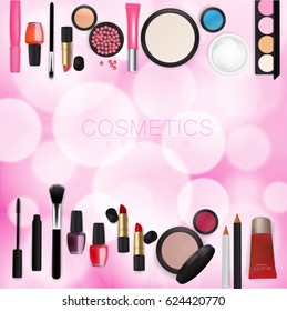 Sets of cosmetics on Pink Bokeh Background Vector