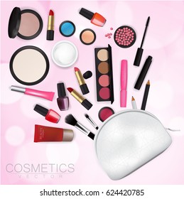 Sets of cosmetics on Pink Bokeh Background Vector