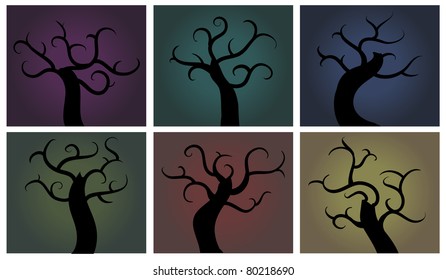 Sets of creepy tree in abstract swirly style