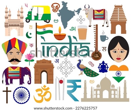 sets of Culture of India vector illustration

Translation - vector contains the culture  representing Indian Sub continent such as famous Building , Indian languages alphabets, Hinduism symbol om etc 