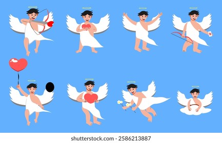 Sets of cupid shooting arrows, holding a heart, having fun, giving love rays, flying with a heart balloon, giving flowers, and being in the clouds. Flat vector illustration isolated on blue background