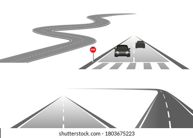 Setzen Sie den Weg in die Zukunft. Asphalt Straße einzeln auf weißem Hintergrund. Symbole Weg zum Ziel des Endpunktes. Weg bedeutet erfolgreiche Geschäftsplanung Geeignet für Präsentationen.