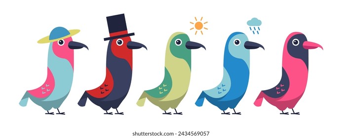 Sets of cute colorful birds. Simple illustration for children isolated on white background - vector illustration