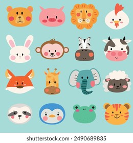 sets of cute, funny, childish animal heads. Animals icon for kids to learn and play. Bear, pig, lion, chicken, rabbit, monkey, zebra, cow, fox, giraffe, elephant, sheep, sloth, penguins, frog, tiger. 