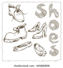 Sets of the different shoes.Vector sketch illustration. Vintage style.