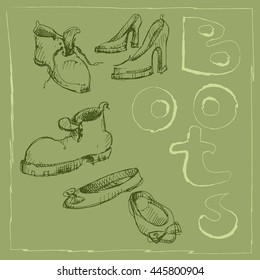 Sets of the different shoes.Vector sketch illustration. Vintage style.