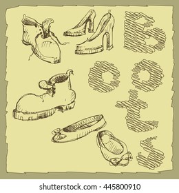 Sets of the different shoes.Vector sketch illustration. Vintage style.