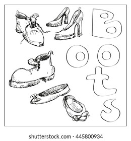 Sets of the different shoes.Vector sketch illustration. Vintage style.