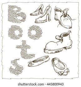 Sets of the different shoes.Vector sketch illustration. Vintage style.