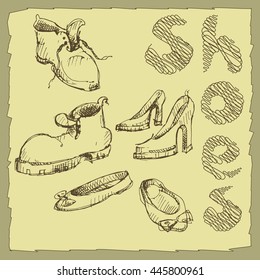 Sets of the different shoes.Vector sketch illustration. Vintage style.