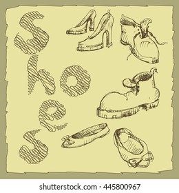 Sets of the different shoes.Vector sketch illustration. Vintage style.