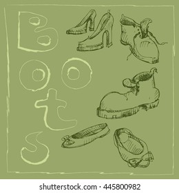Sets of the different shoes.Vector sketch illustration. Vintage style.