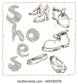 Sets of the different shoes.Vector sketch illustration. Vintage style