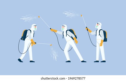 Sets Of Disinfectant Workers Wearing Masks And Hazmat Suits Spraying The Coronavirus Or Covid-19. Flat Cartoon Characters Illustration