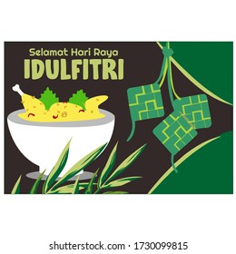 sets of Eid food & ketupat. Selamat Hari Raya Idul Fitri means Happy ied. The celebration of Islamic day after fully fasting at Ramadan month. Happy ied flat vector illustration.