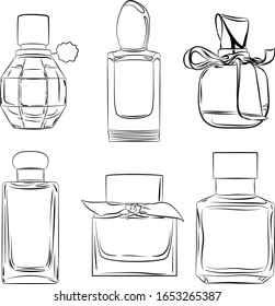 Sets of fashion things. Hand drawing isolated illustration. Doodle. Bottle of Eau de Toilette, perfume.