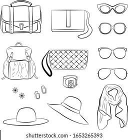Sets of fashion things. Hand drawing isolated illustration. Doodle. Glasses, bags, backpack, clutch, hat, jewelry, earrings, bracelet, clips, scarf.