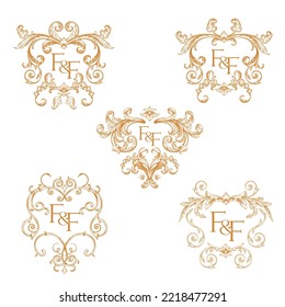 Sets of FF crest monogram logo. F and F initial wedding monogram template. Premium Gold vintage baroque frame scroll ornament decorative design element filigree calligraphy.