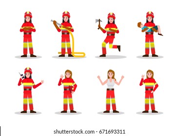 Sets of Firefighting. Fire Woman character design in many pose. vector illustration