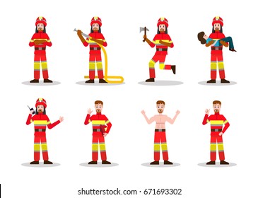 Sets of Firefighting. Fireman character design in many pose. vector illustration