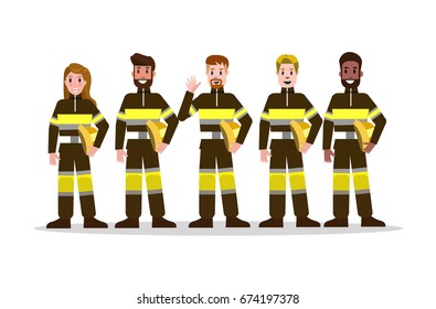 Sets of Firefighting team in black uniform. flat Fireman character design. vector illustration