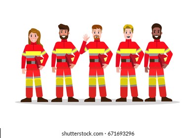 Sets of Firefighting team. flat Fireman character design. vector illustration