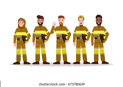 Sets of Firefighting team in yellow uniform. flat Fireman character design. vector illustration