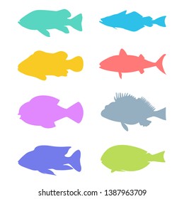 Sets of fish vector silhouettes of sea. Colorfull vector silhouettes. Fishes black vector on white background.