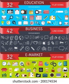Sets of flat and line icons for education, business and e market applications. Symbols for website pages.
