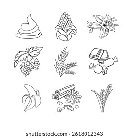 Define sabores: baunilha, chocolate, centeio, caramelo, banana. Vetor de linha