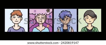 Sets of four cute chibi korean japanese simple character styled vector illustration avatar isolated on square background template. Kawaii profile picture bundles isolated on horizontal background.