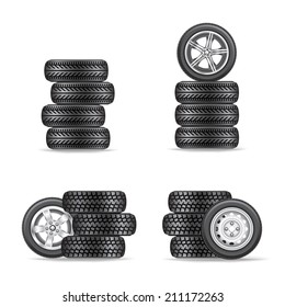 The sets of four wheels on white background