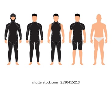 Sets of front view of man wearing diving suit. Model builder vector illustration. Icon and symbol.