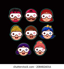 Conjuntos de iconos de jugadores geek en diferentes expresiones. Vector Cool Gamers. Vector Premium.