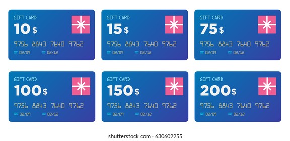 Sets of gift (discount) cards Template. Creative holiday cards or banners. Design concept for gift coupon, invitation, certificate, flyer, ticket. Dollar Gift Card