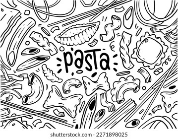 Sets of hand drawn pasta isolated on white background, doodle set of pasta dish. Vector illustration