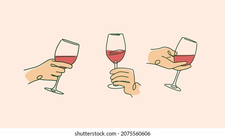 Sets of hand holding a glass of wine. Line art style vector illustration suitable for wellness or health content